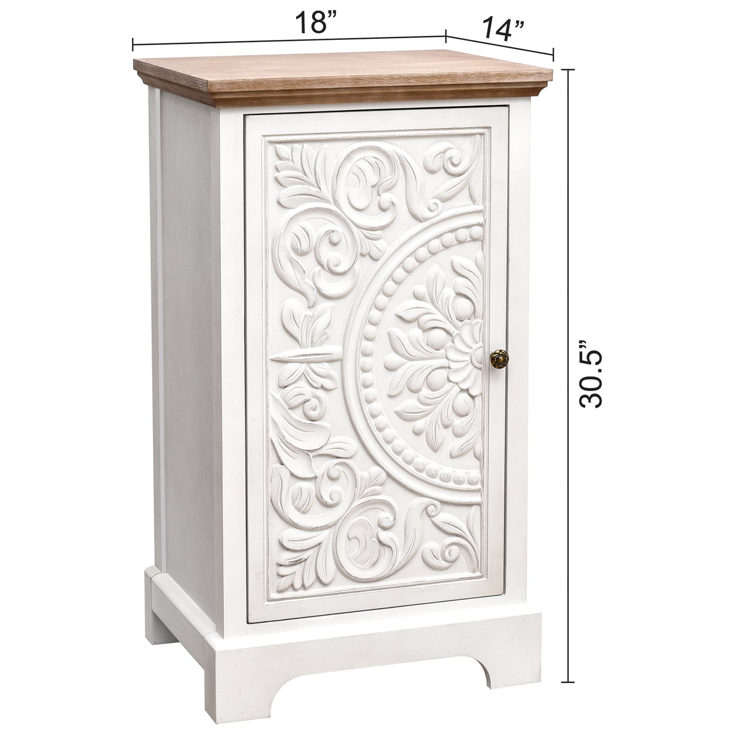 eHemco Ornate Floral Carved End Table with Storage, 18 x 14 x 30.5 Inches, Retro Style Living Room Furniture, Natural and White