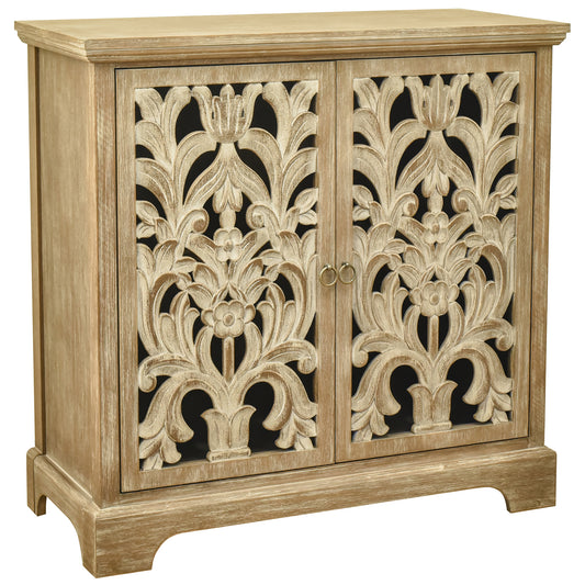 eHemco 2-Door Storage Cabinet with Hollow Floral Carved Doors, Natural, 32 x 14 x 33 Inches