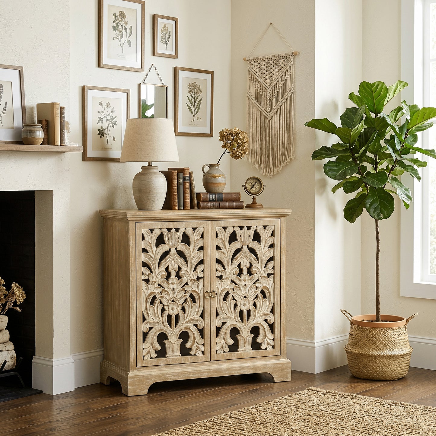 eHemco 2-Door Storage Cabinet with Hollow Floral Carved Doors, Natural, 32 x 14 x 33 Inches