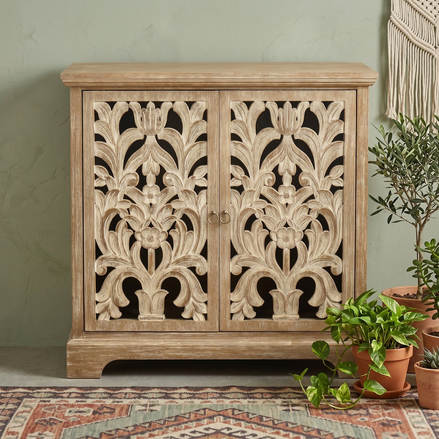 eHemco 2-Door Storage Cabinet with Hollow Floral Carved Doors, Natural, 32 x 14 x 33 Inches