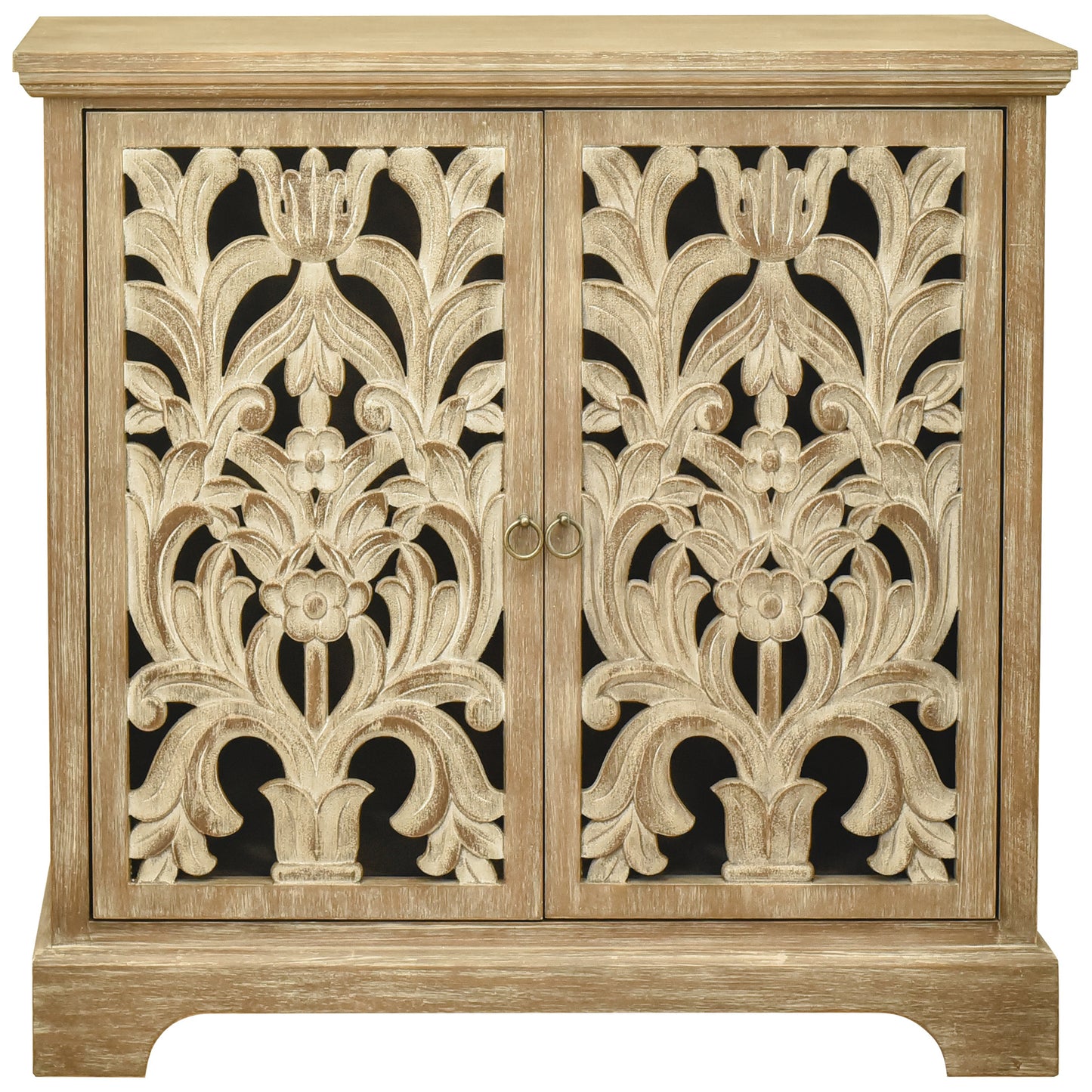 eHemco 2-Door Storage Cabinet with Hollow Floral Carved Doors, Natural, 32 x 14 x 33 Inches
