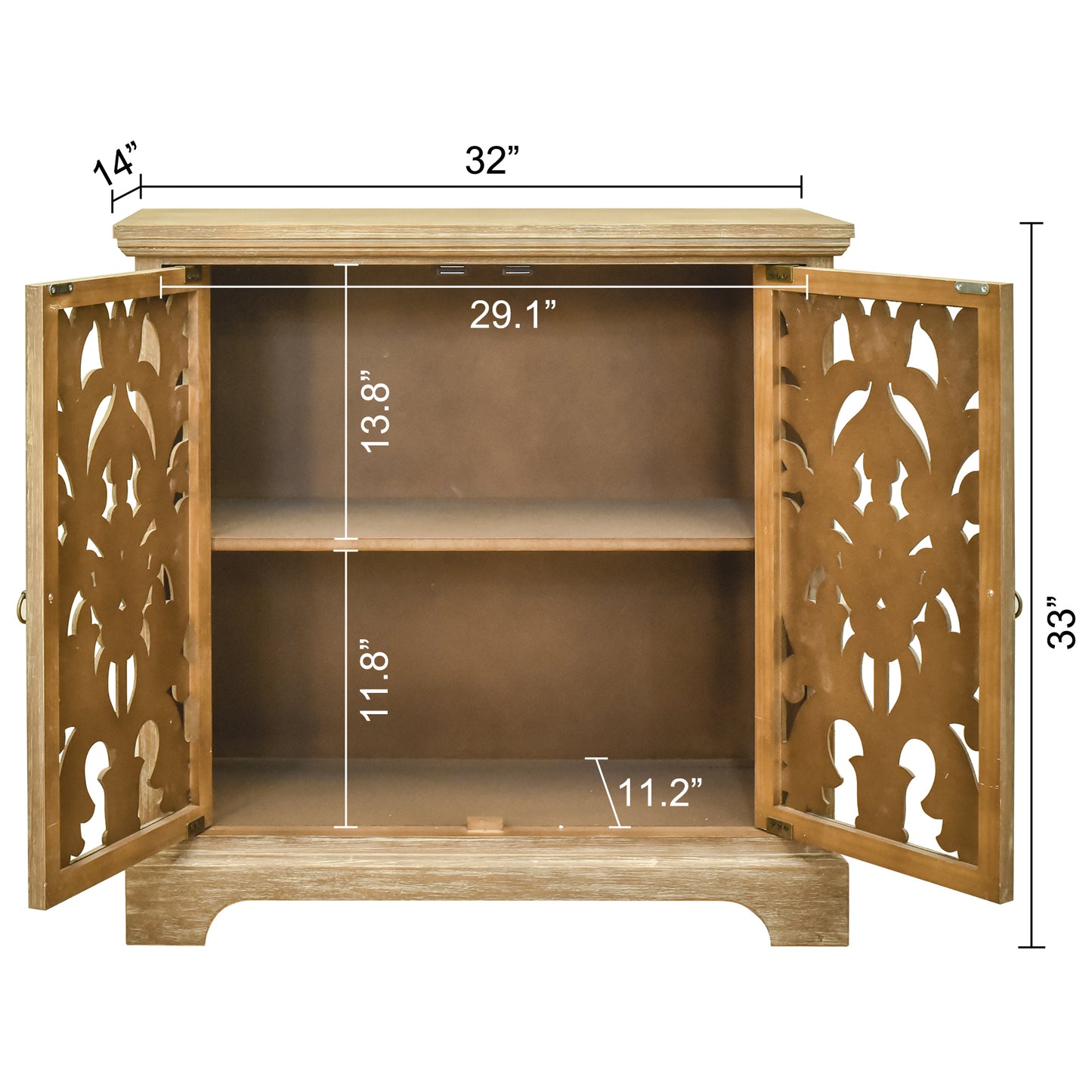 eHemco 2-Door Storage Cabinet with Hollow Floral Carved Doors, Natural, 32 x 14 x 33 Inches
