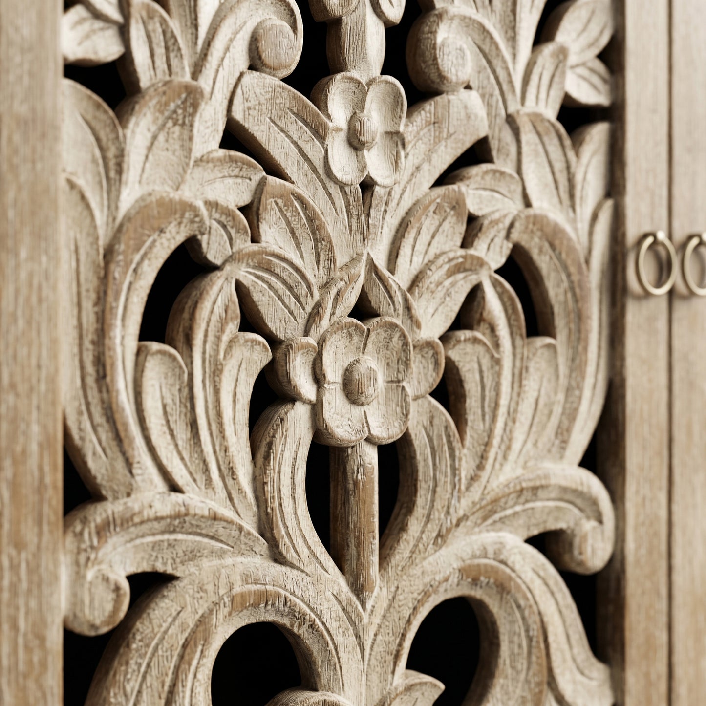 eHemco 2-Door Storage Cabinet with Hollow Floral Carved Doors, Natural, 32 x 14 x 33 Inches