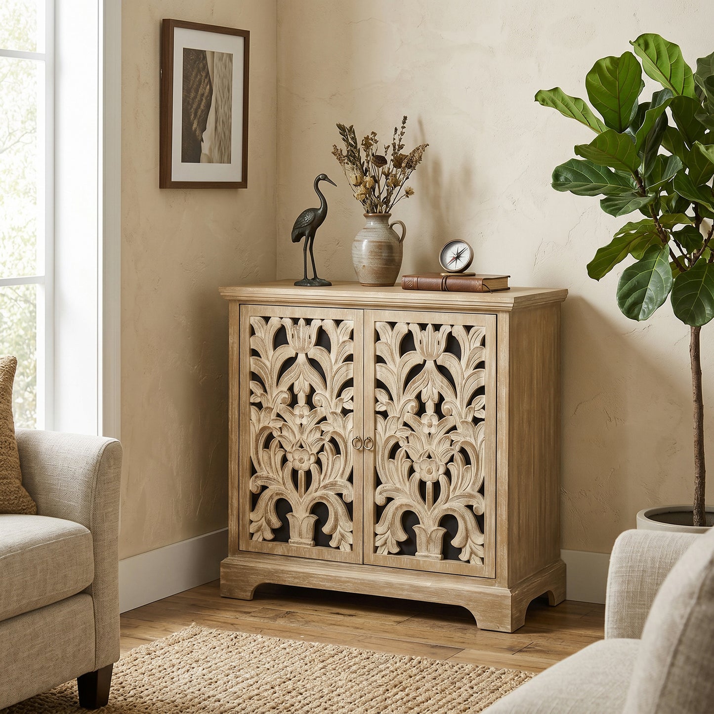 eHemco 2-Door Storage Cabinet with Hollow Floral Carved Doors, Natural, 32 x 14 x 33 Inches