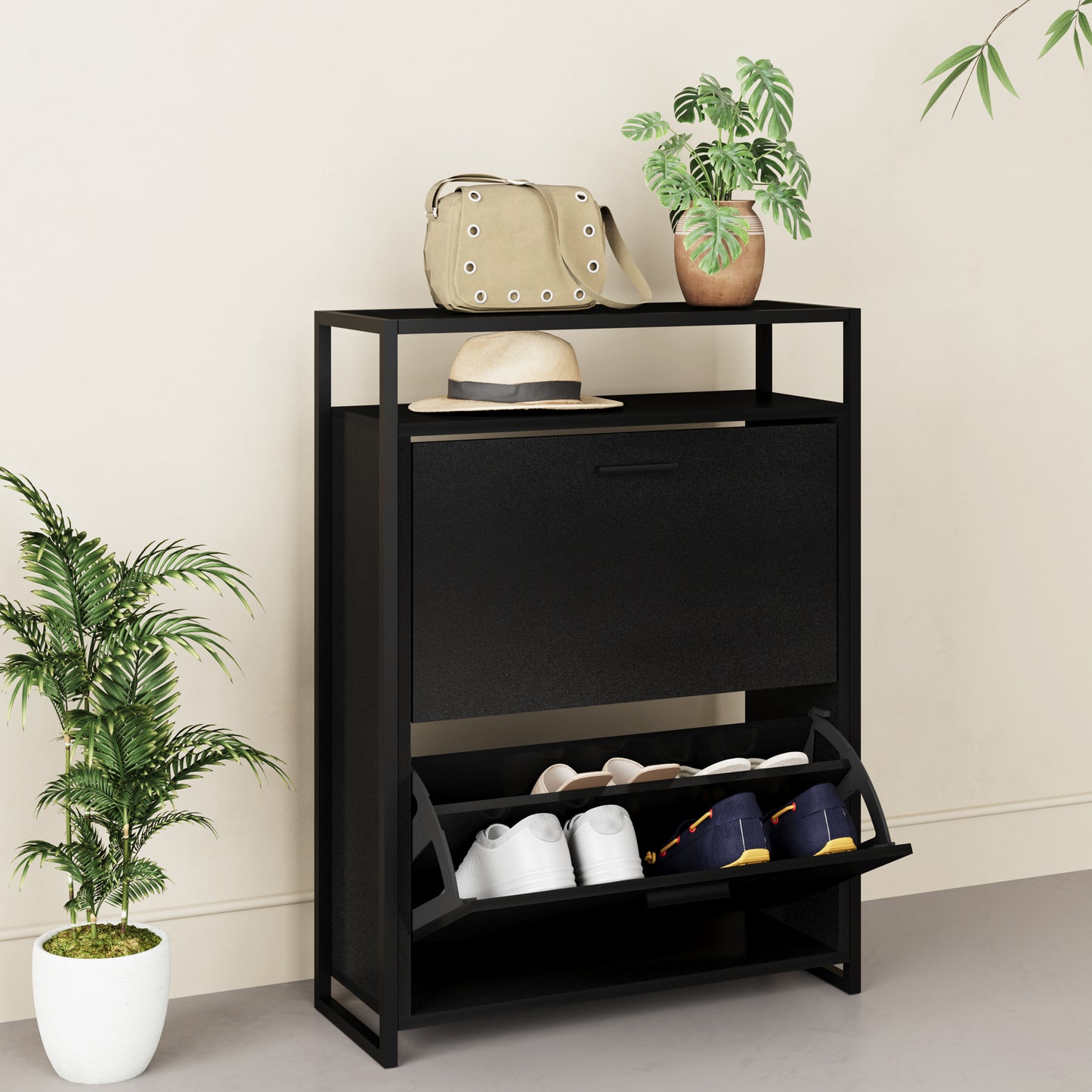 eHemco 2-Door Shoe Cabinet with Shelf, Modern Storage Organizer, Black Metal Frame, 2 Flip Drawers