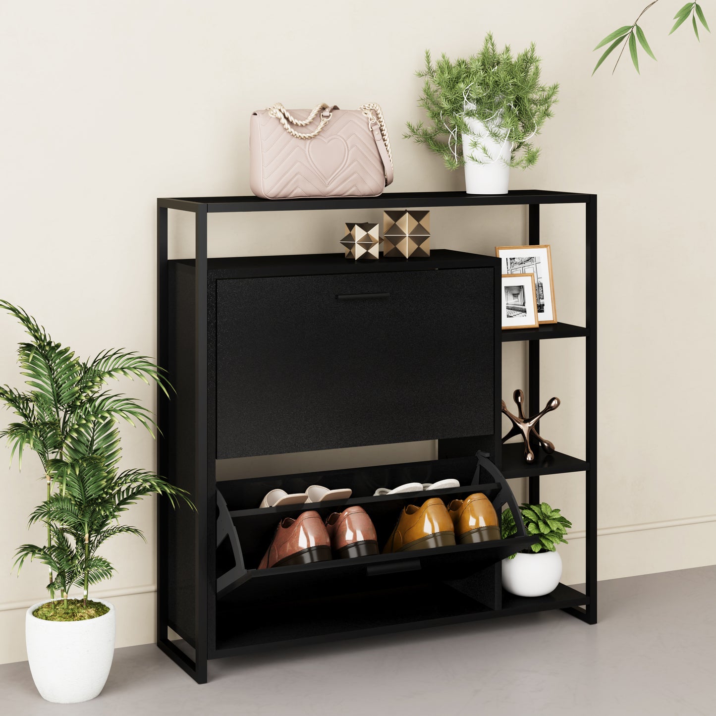 eHemco 2-Door Shoe Cabinet with 4 Shelves, Modern Storage Organizer, Black Metal Frame, 2 Flip Drawers
