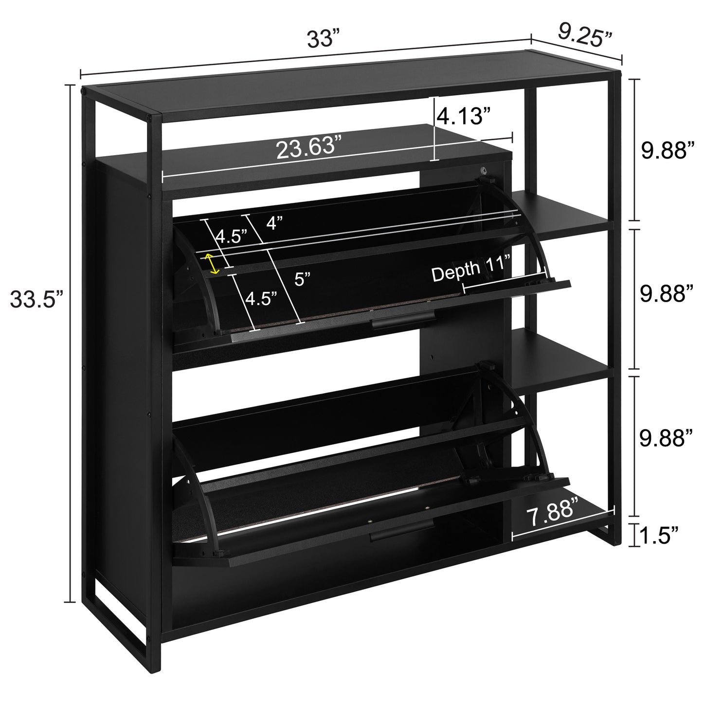 eHemco 2-Door Shoe Cabinet with 4 Shelves, Modern Storage Organizer, Black Metal Frame, 2 Flip Drawers