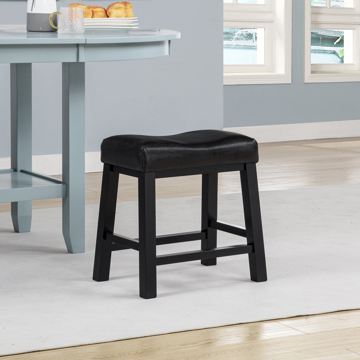 eHemco Heavy-Duty Saddle Kitchen Counter Height Barstools with Wood Legs and Cushion Seat, 19 Inch Height, Black