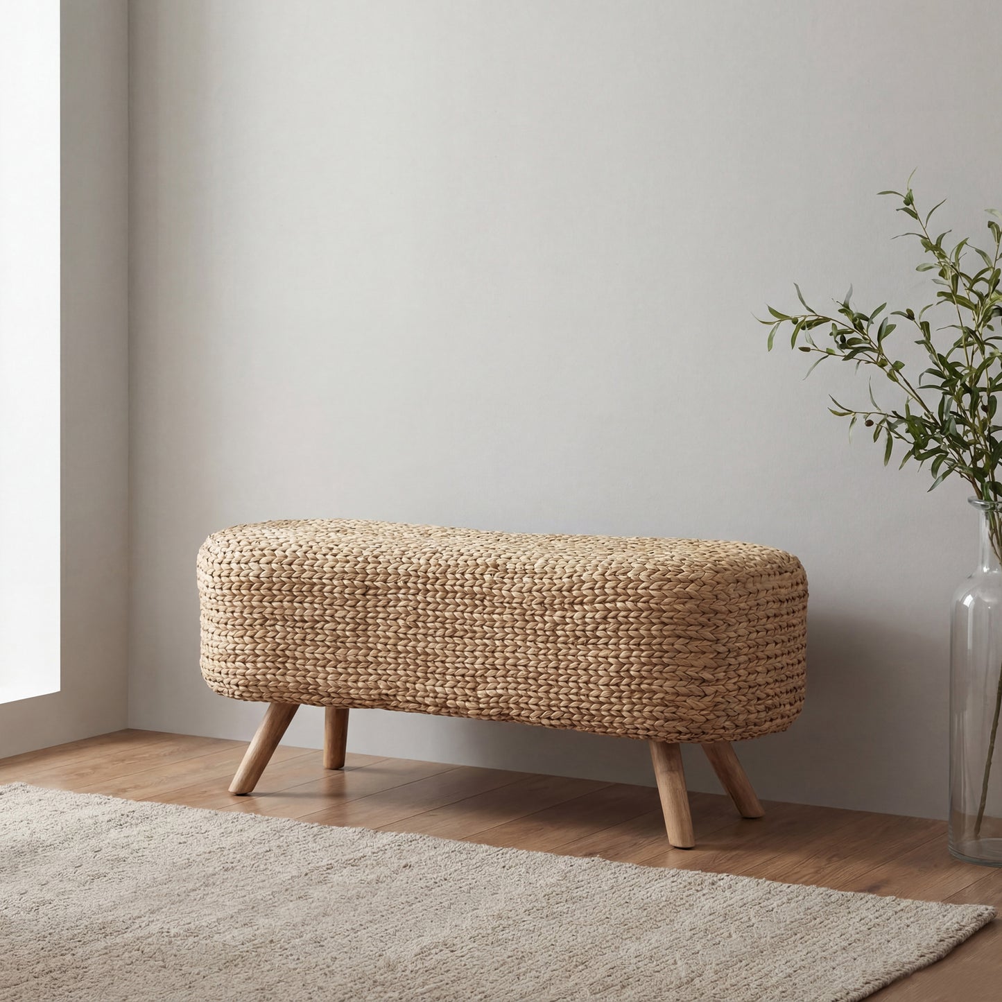eHemco 8-Shaped Design Water Hyacinth Bench with Solid Hardwood Legs, 45.5 x 15.75 x 18.6 Inches, Natural