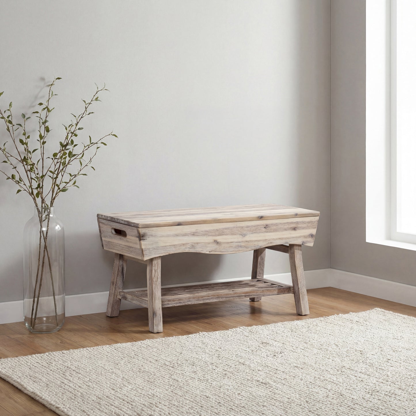 eHemco Solid Hardwood Bench with Storage Shelf and 4 Panels, 36x15.25x17.3 Inches, White Washed Finish