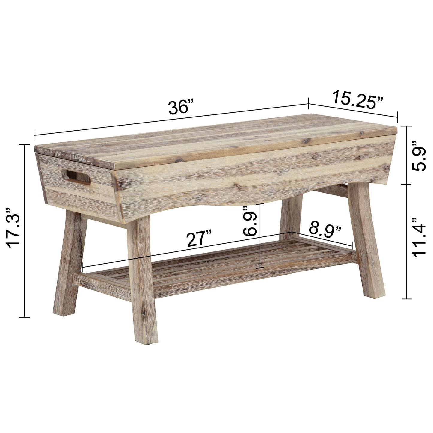 eHemco Solid Hardwood Bench with Storage Shelf and 4 Panels, 36x15.25x17.3 Inches, White Washed Finish