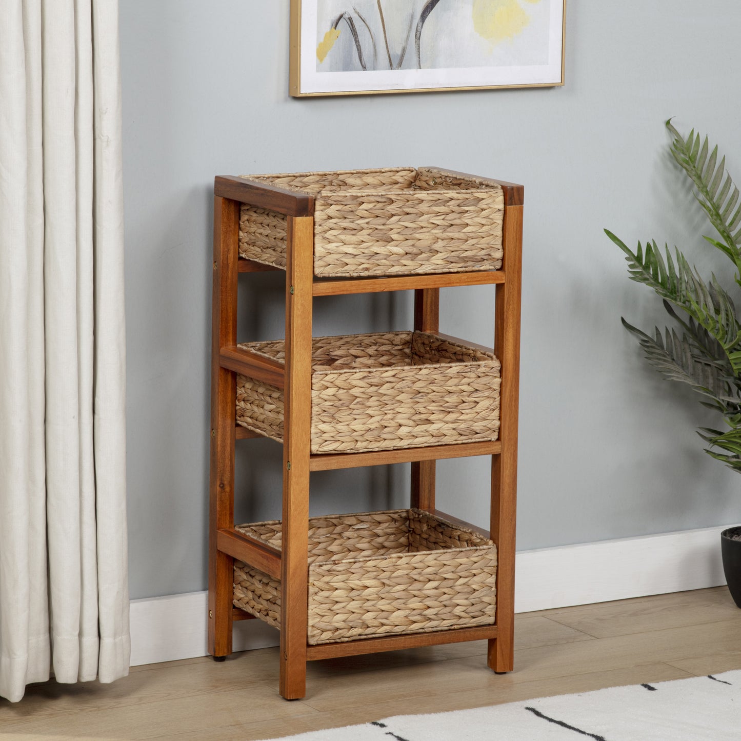 eHemco 3 Tier Hardwood Frame Grocery Storage Organizer Rack with 3 Woven Water Hyacinth Basket, Light Oak