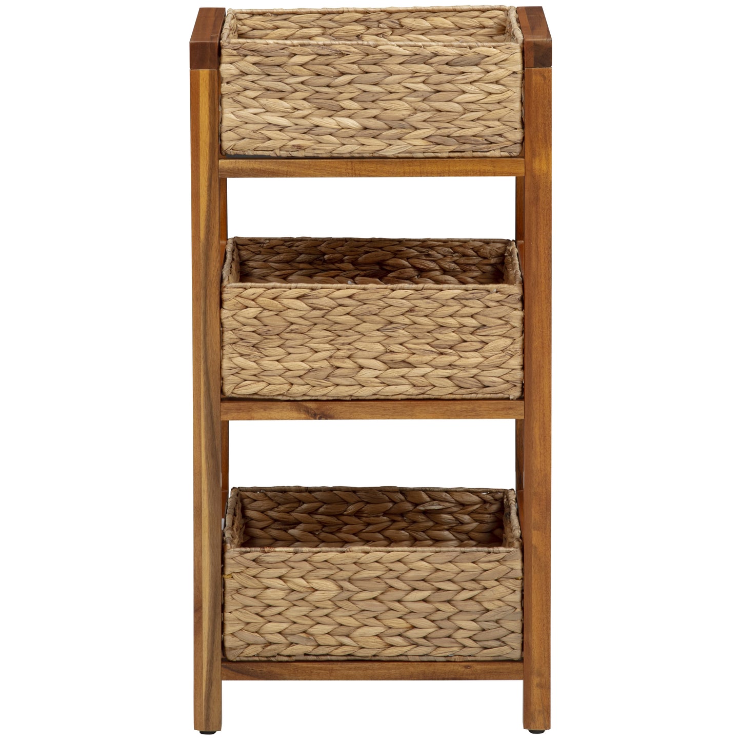 eHemco 3 Tier Hardwood Frame Grocery Storage Organizer Rack with 3 Woven Water Hyacinth Basket, Light Oak