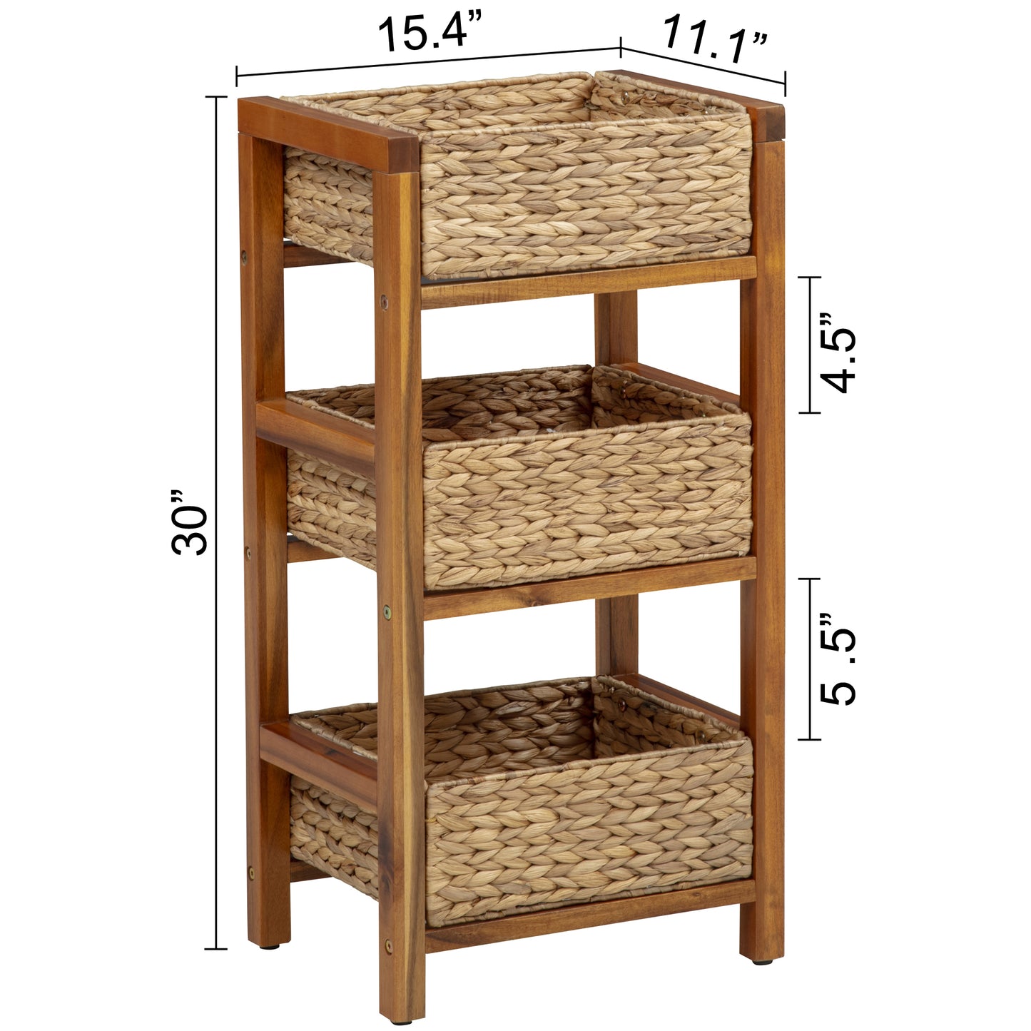 eHemco 3 Tier Hardwood Frame Grocery Storage Organizer Rack with 3 Woven Water Hyacinth Basket, Light Oak