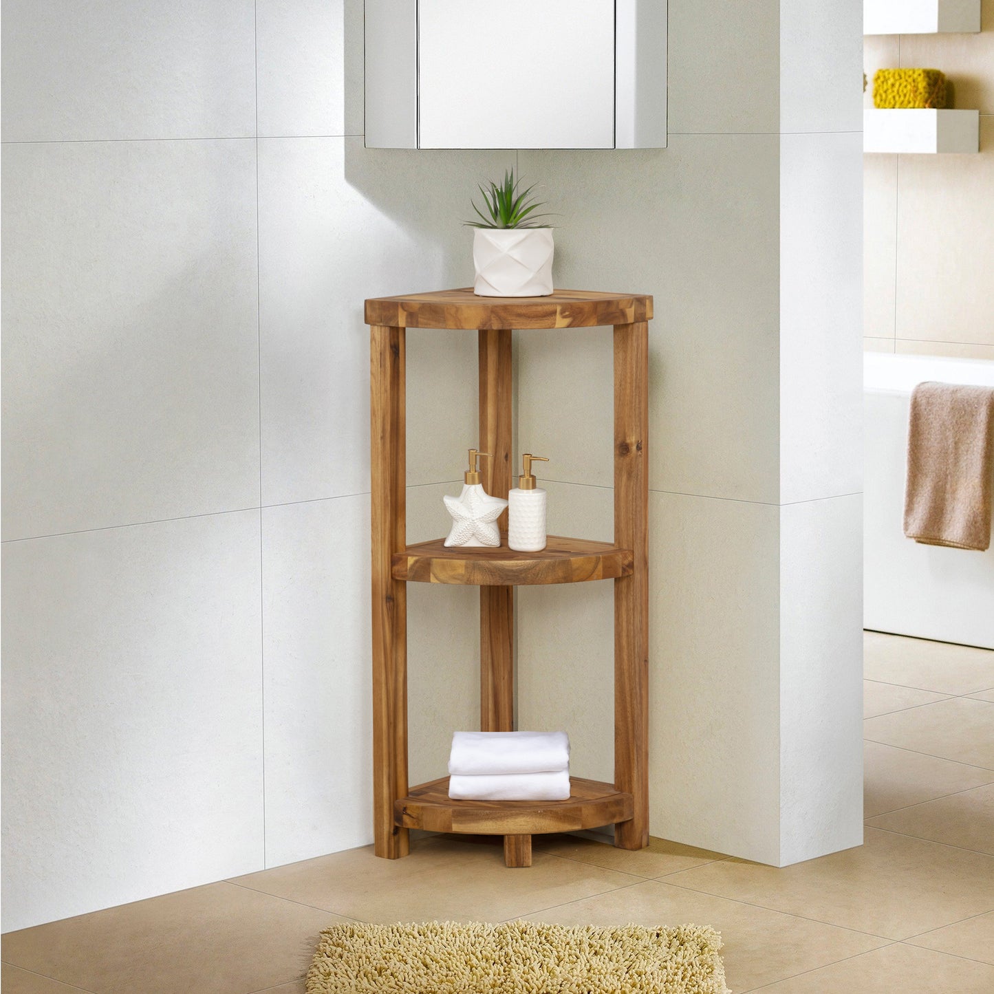 eHemco 3 Tier Solid Hardwood Bathroom Corner Shelf, Natural Oiled Finish
