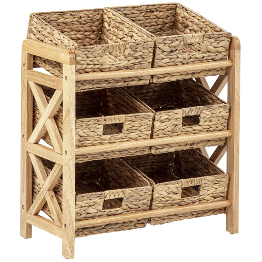 eHemco 3 Tier Storage Organizer with 6 Woven Water Hyacinth Baskets, Natural Wood Frame Stand, X-Design