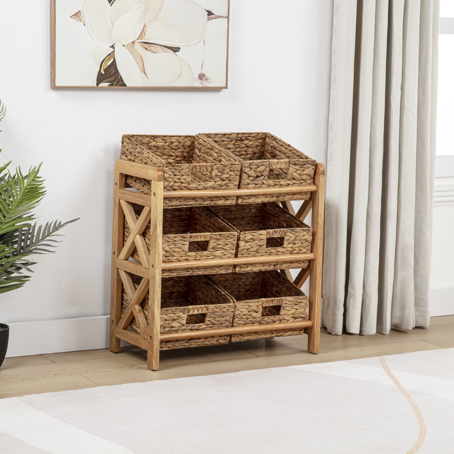 eHemco 3 Tier Storage Organizer with 6 Woven Water Hyacinth Baskets, Natural Wood Frame Stand, X-Design