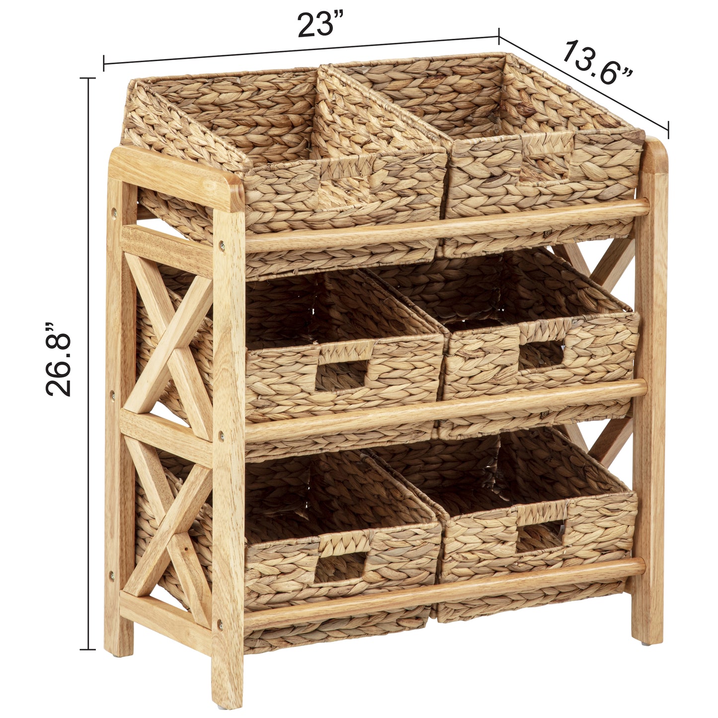 eHemco 3 Tier Storage Organizer with 6 Woven Water Hyacinth Baskets, Natural Wood Frame Stand, X-Design