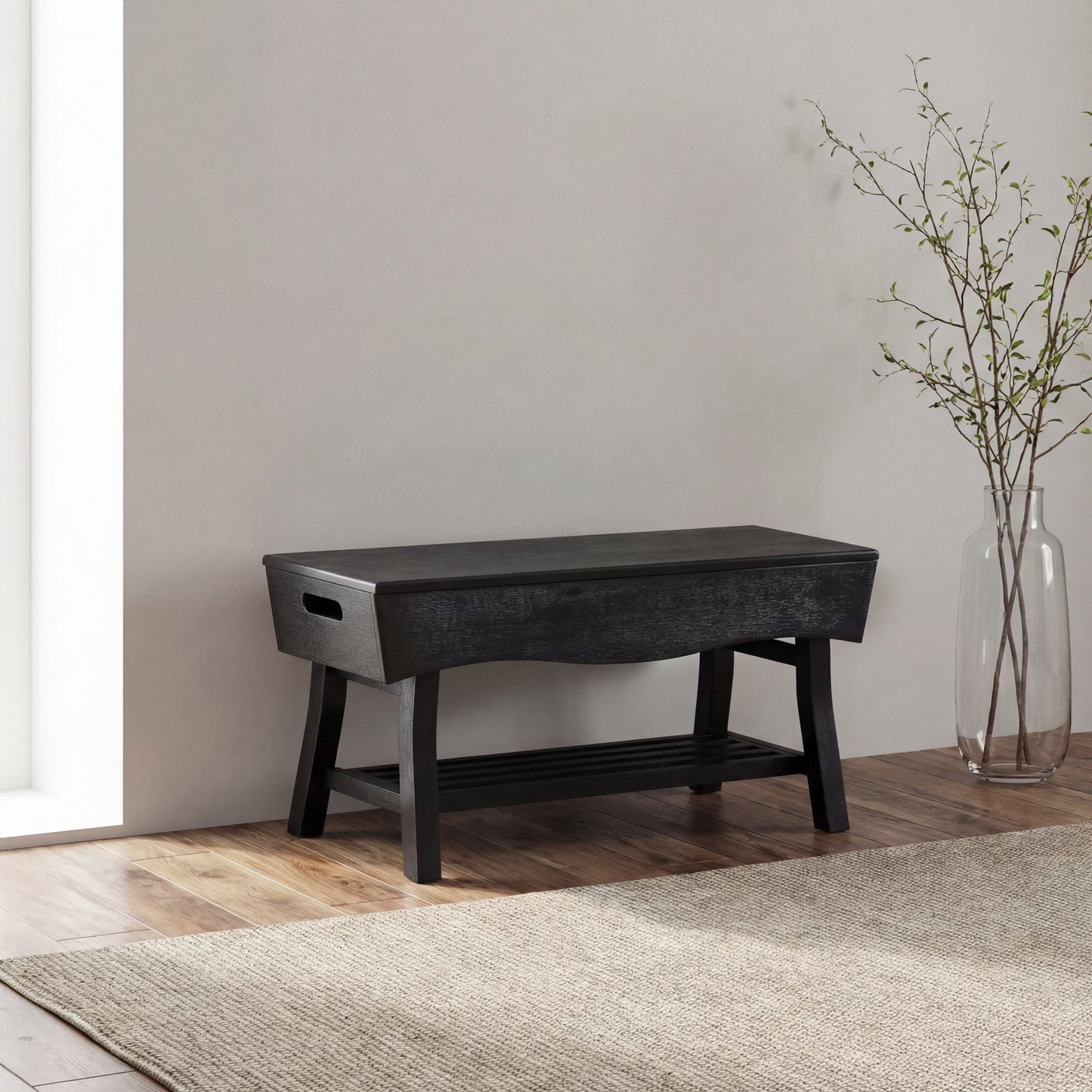 eHemco Solid Hardwood Bench with Storage Shelf and 4 Panels, 36x15.25x17.3 Inches, Black