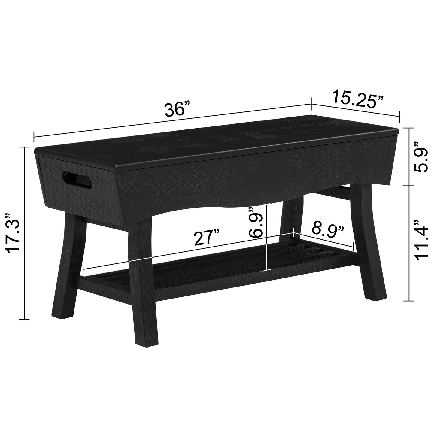 eHemco Solid Hardwood Bench with Storage Shelf and 4 Panels, 36x15.25x17.3 Inches, Black