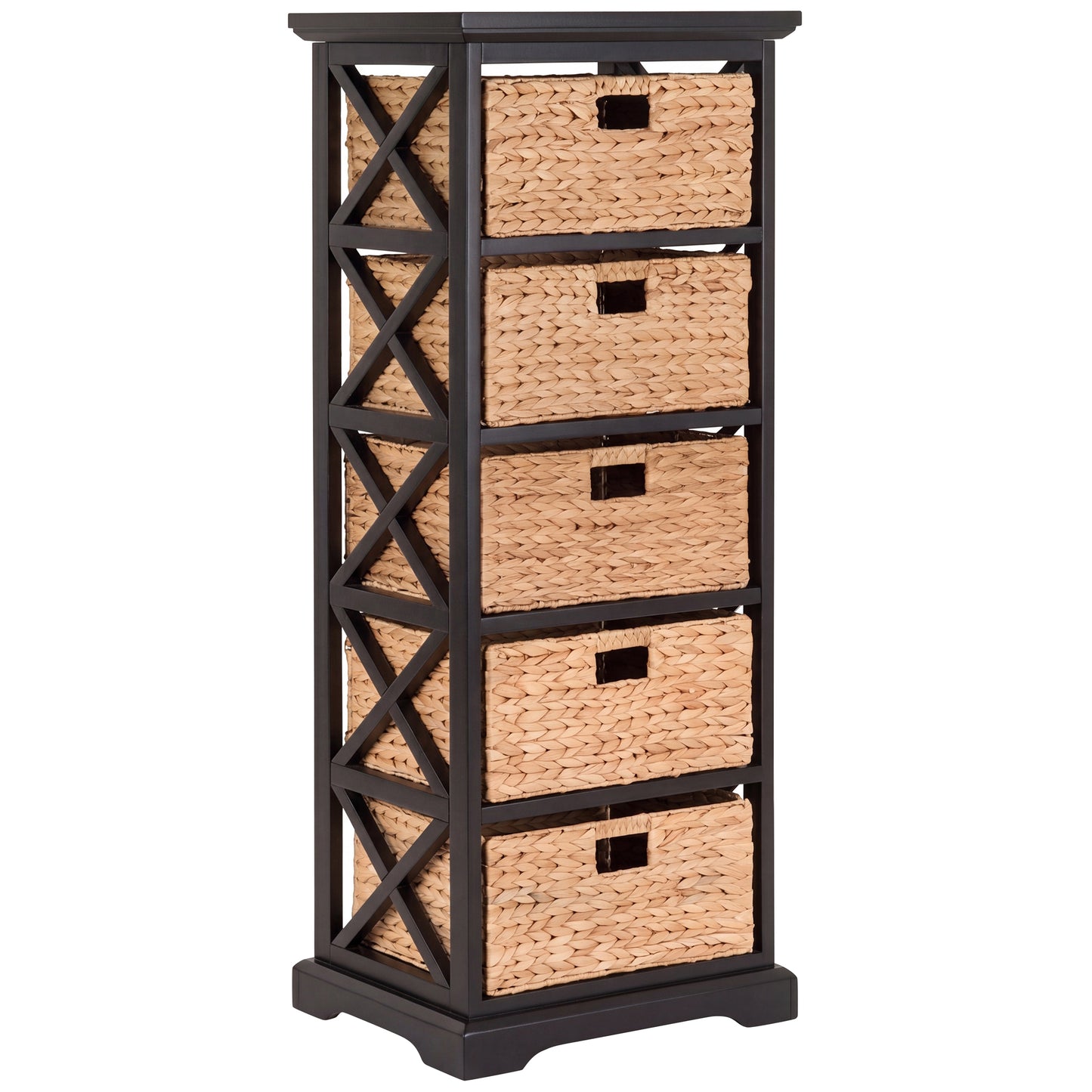 eHemco Hampton Meadows 5 Tier X-Side End Storage Cabinet with 5 Water Hyacinth Natural Wicker Baskets