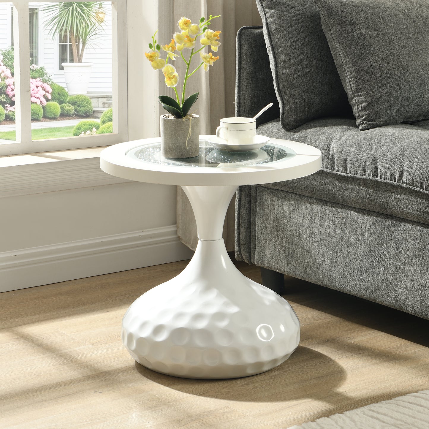 eHemco Round Coffee Table, End Table with Acrylic Diamond Inlay, 17.7" D