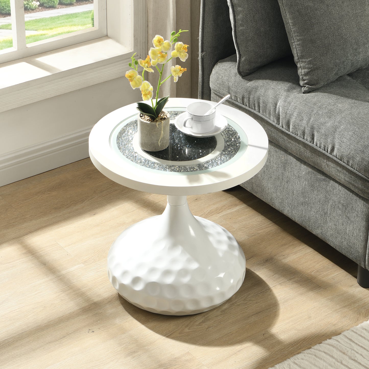 eHemco Round Coffee Table, End Table with Acrylic Diamond Inlay, 17.7" D