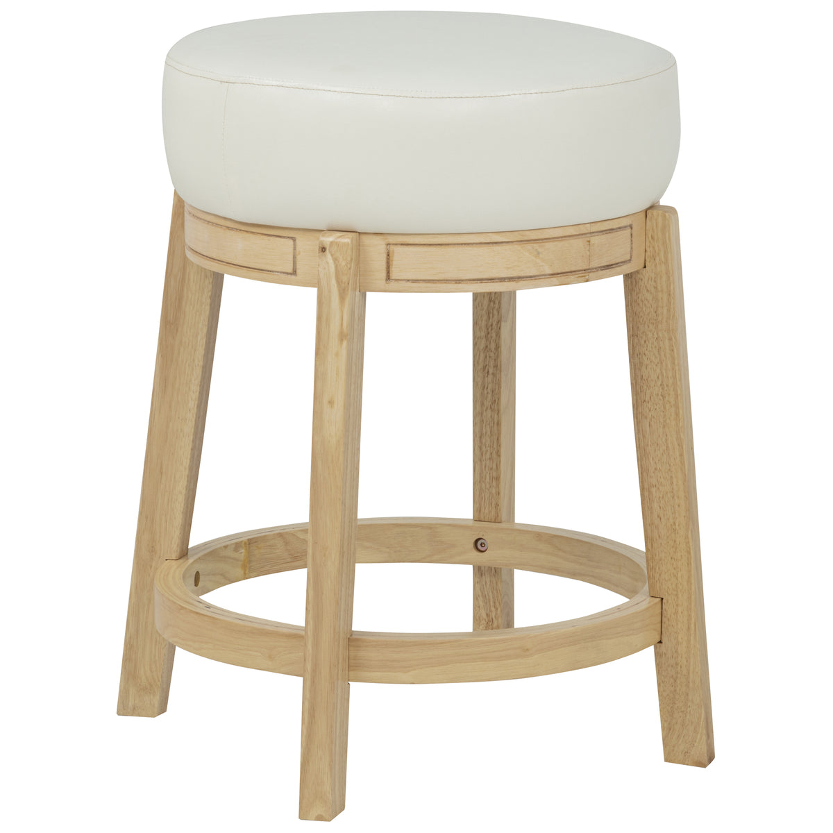 eHemco Round Counter Height  Stool, Natural Solid Hardwood Base with White PU Cushion Seat, 24 Inches