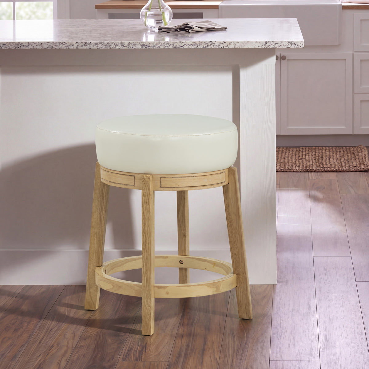 eHemco Round Counter Height  Stool, Natural Solid Hardwood Base with White PU Cushion Seat, 24 Inches