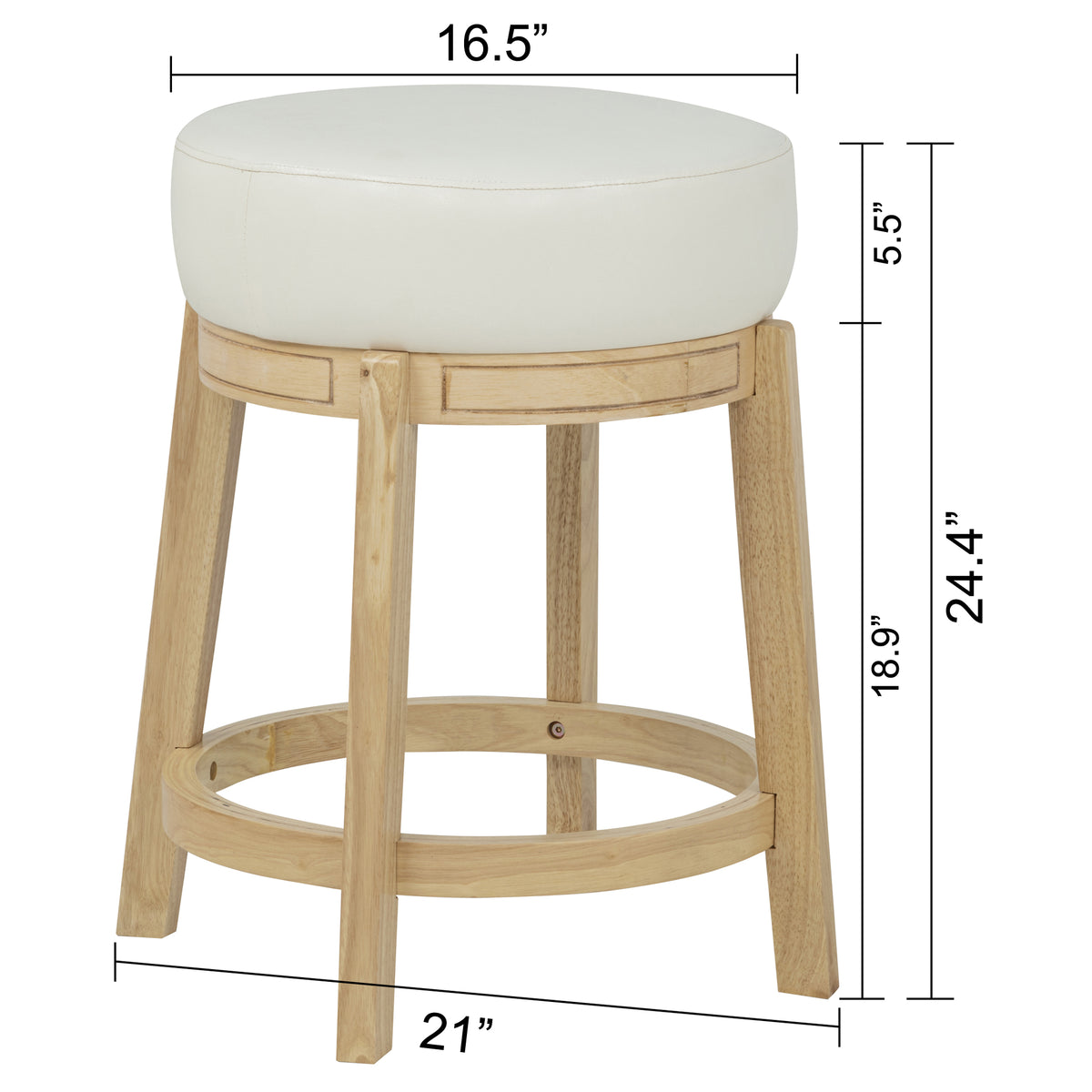 eHemco Round Counter Height  Stool, Natural Solid Hardwood Base with White PU Cushion Seat, 24 Inches