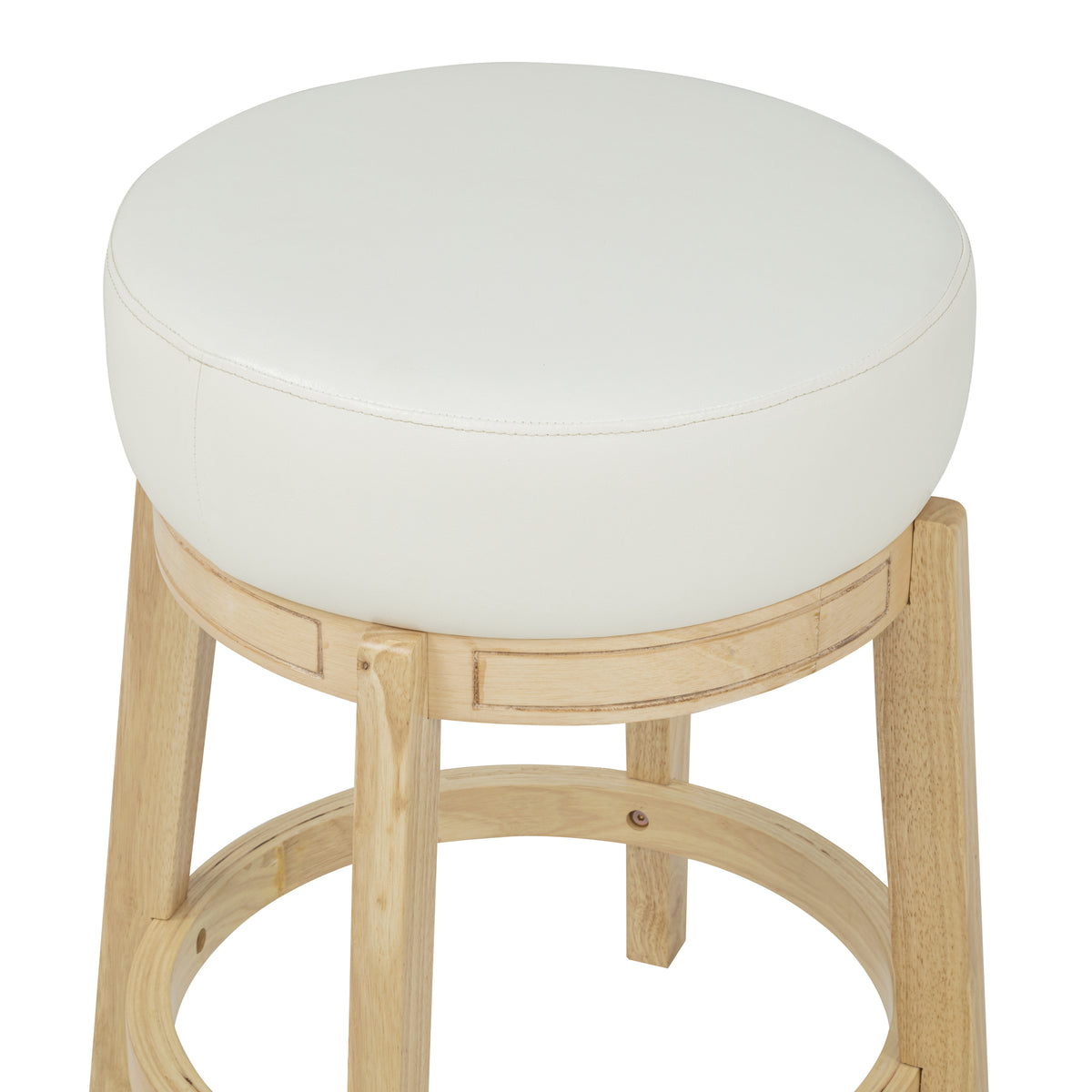 eHemco Round Counter Height  Stool, Natural Solid Hardwood Base with White PU Cushion Seat, 24 Inches