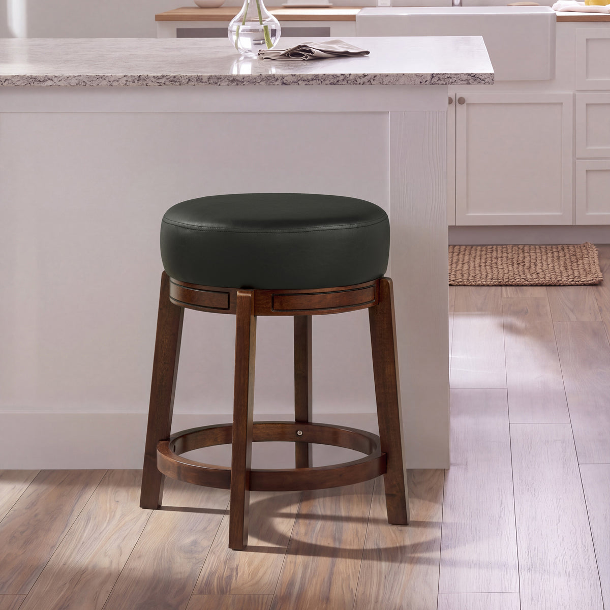 eHemco Round Counter Height  Stool, Solid Hardwood Base in Cherry finish with Black PU Cushion Seat, 24 Inches