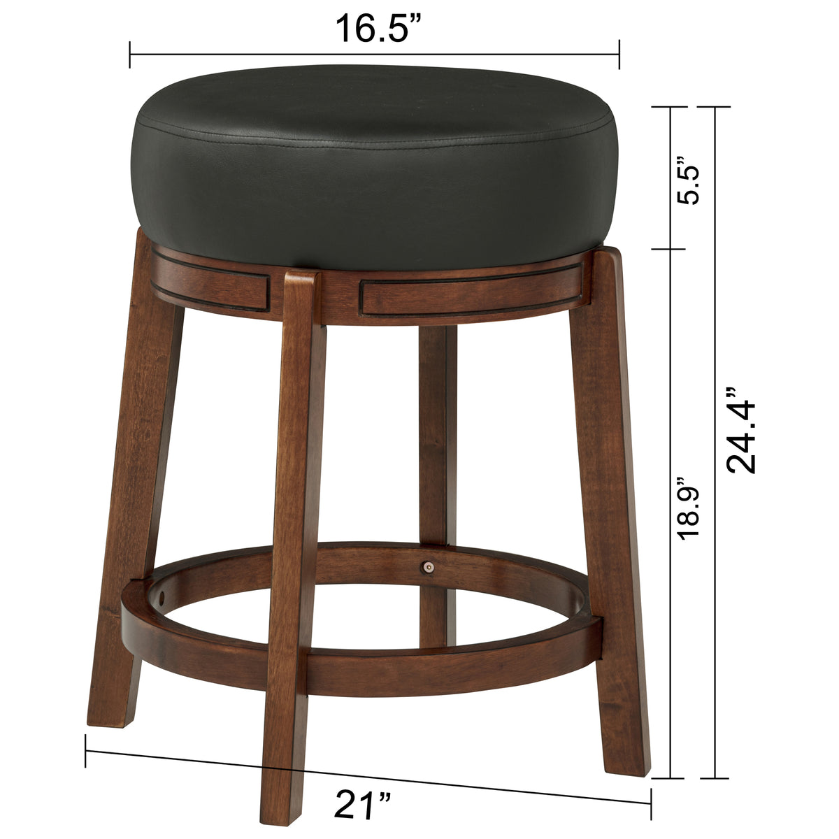 eHemco Round Counter Height  Stool, Solid Hardwood Base in Cherry finish with Black PU Cushion Seat, 24 Inches