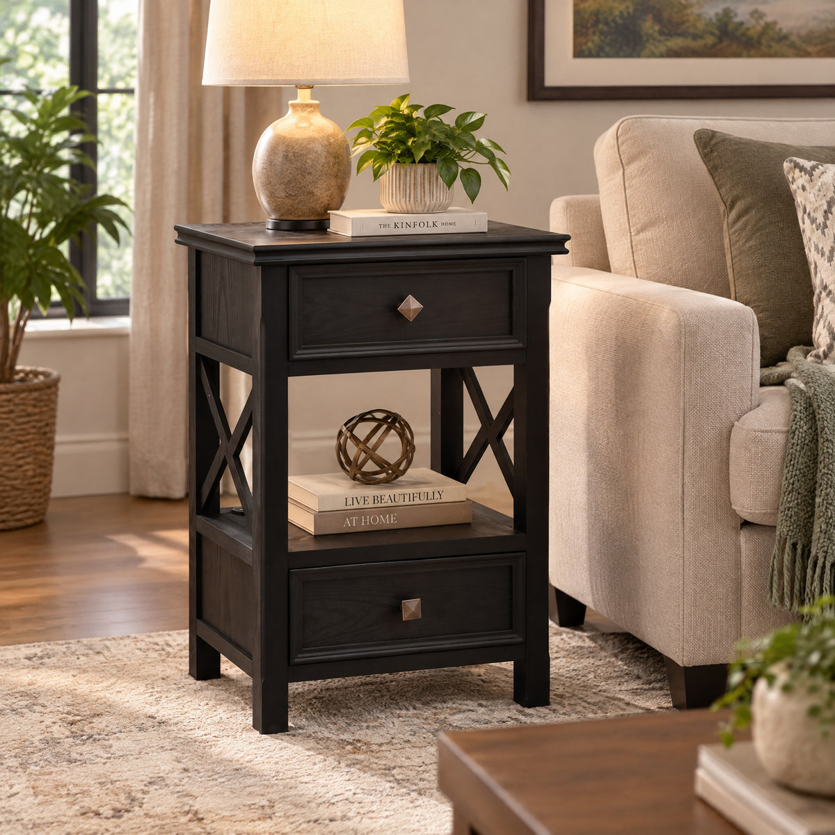 eHemco X-Side End Table with Charging Station and 2 Drawers, 20x14x29 Inches, Black