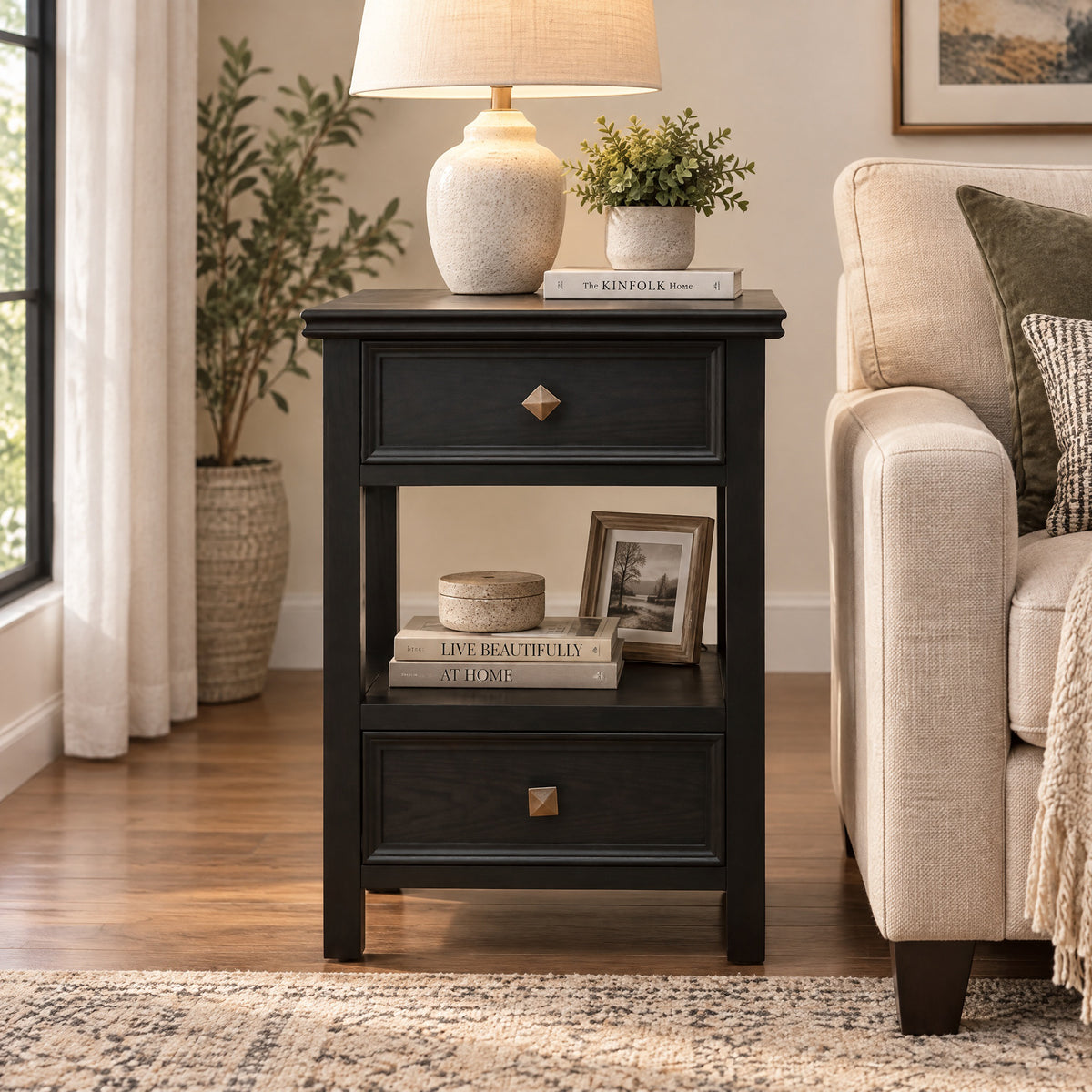 eHemco X-Side End Table with Charging Station and 2 Drawers, 20x14x29 Inches, Black