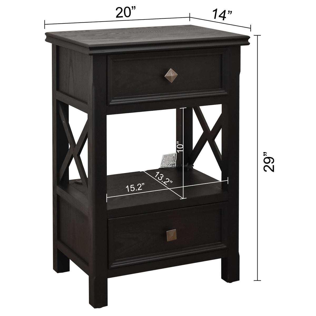 eHemco X-Side End Table with Charging Station and 2 Drawers, 20x14x29 Inches, Black
