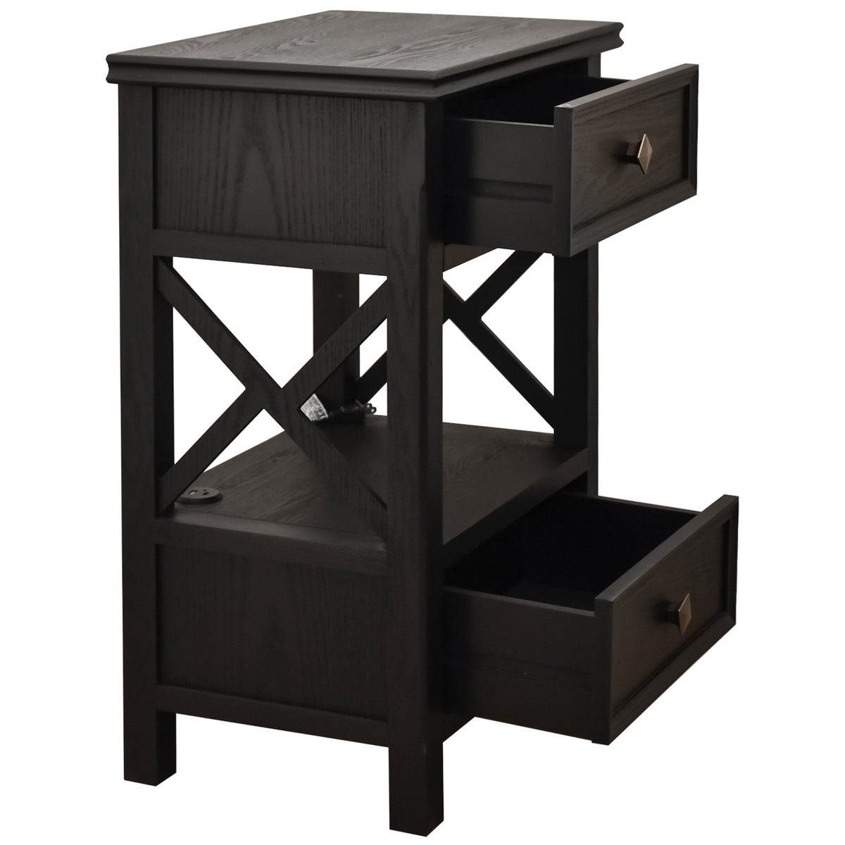 eHemco X-Side End Table with Charging Station and 2 Drawers, 20x14x29 Inches, Black