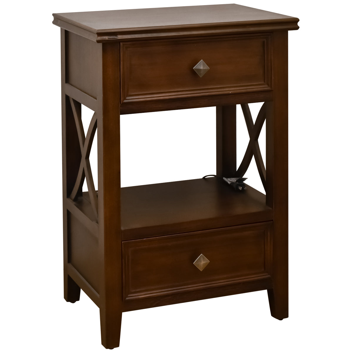eHemco X-Side End Table with Charging Station and 2 Drawers, 20x14x29 Inches, Walnut