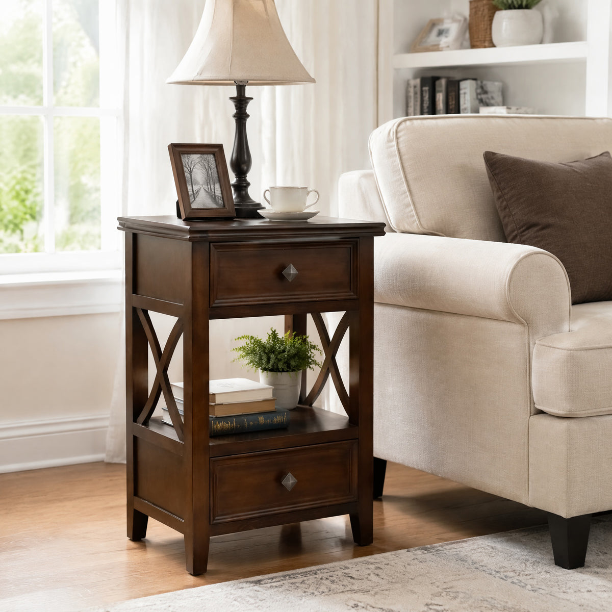 eHemco X-Side End Table with Charging Station and 2 Drawers, 20x14x29 Inches, Walnut
