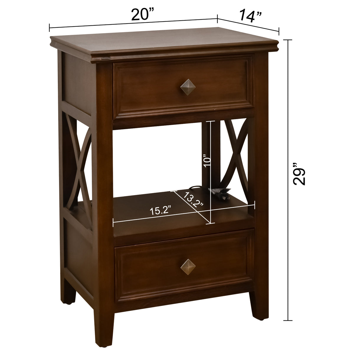 eHemco X-Side End Table with Charging Station and 2 Drawers, 20x14x29 Inches, Walnut