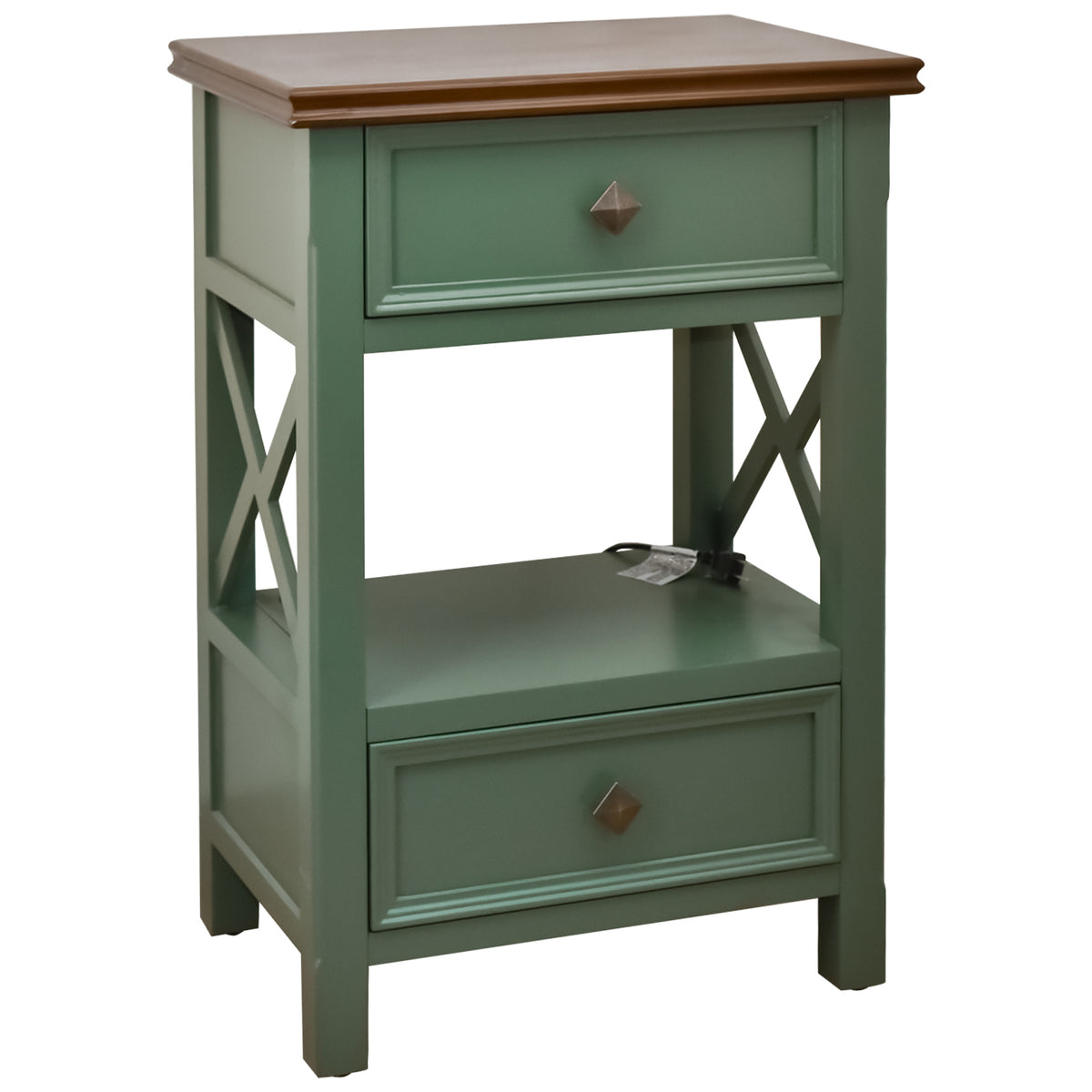 eHemco X-Side End Table with Charging Station and 2 Drawers, 20x14x29 Inches, Green and Walnut