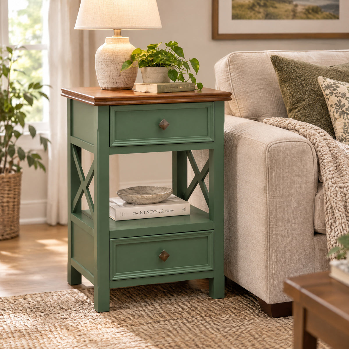 eHemco X-Side End Table with Charging Station and 2 Drawers, 20x14x29 Inches, Green and Walnut