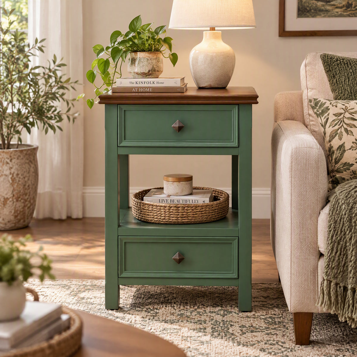eHemco X-Side End Table with Charging Station and 2 Drawers, 20x14x29 Inches, Green and Walnut