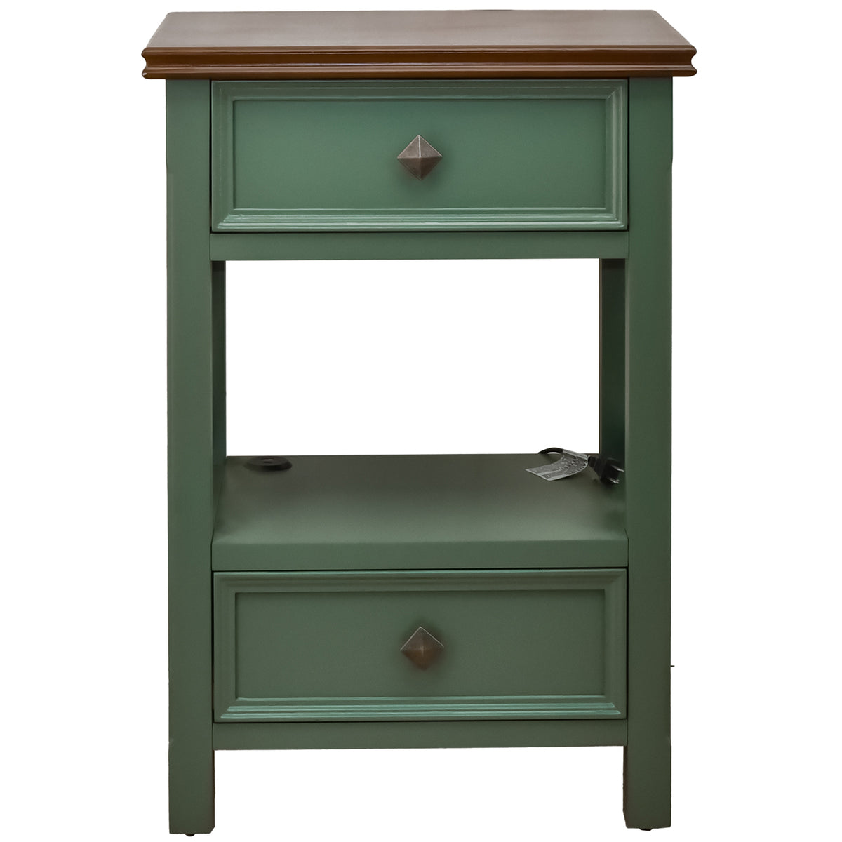 eHemco X-Side End Table with Charging Station and 2 Drawers, 20x14x29 Inches, Green and Walnut