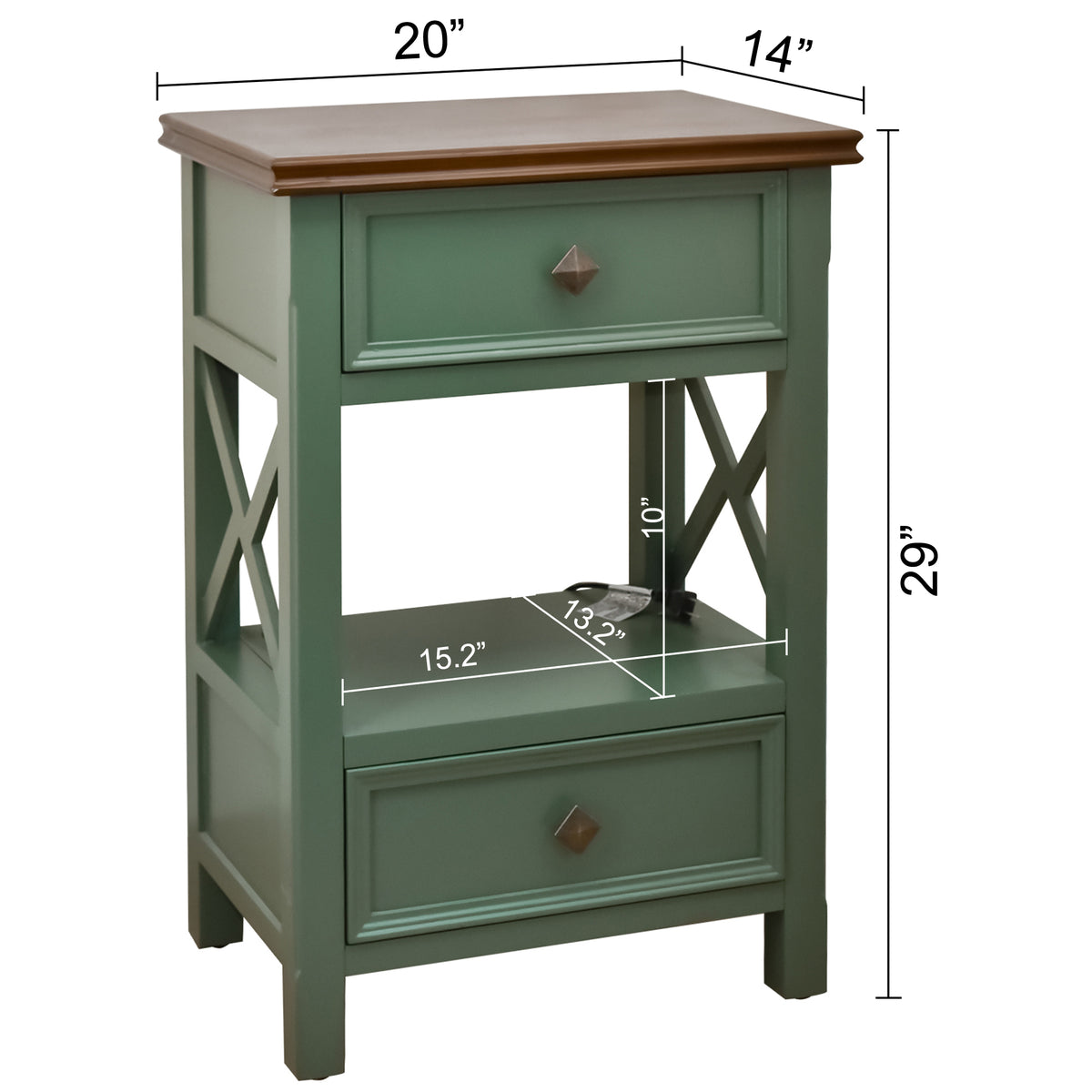 eHemco X-Side End Table with Charging Station and 2 Drawers, 20x14x29 Inches, Green and Walnut