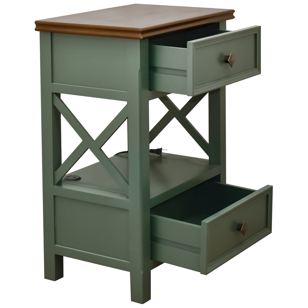 eHemco X-Side End Table with Charging Station and 2 Drawers, 20x14x29 Inches, Green and Walnut