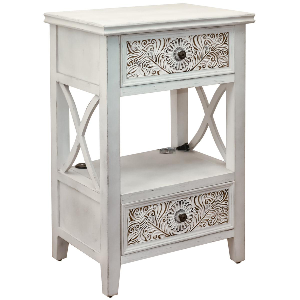 eHemco X-Side End Table with Charging Station and 2 Drawers, 20x14x29 Inches, White Wash