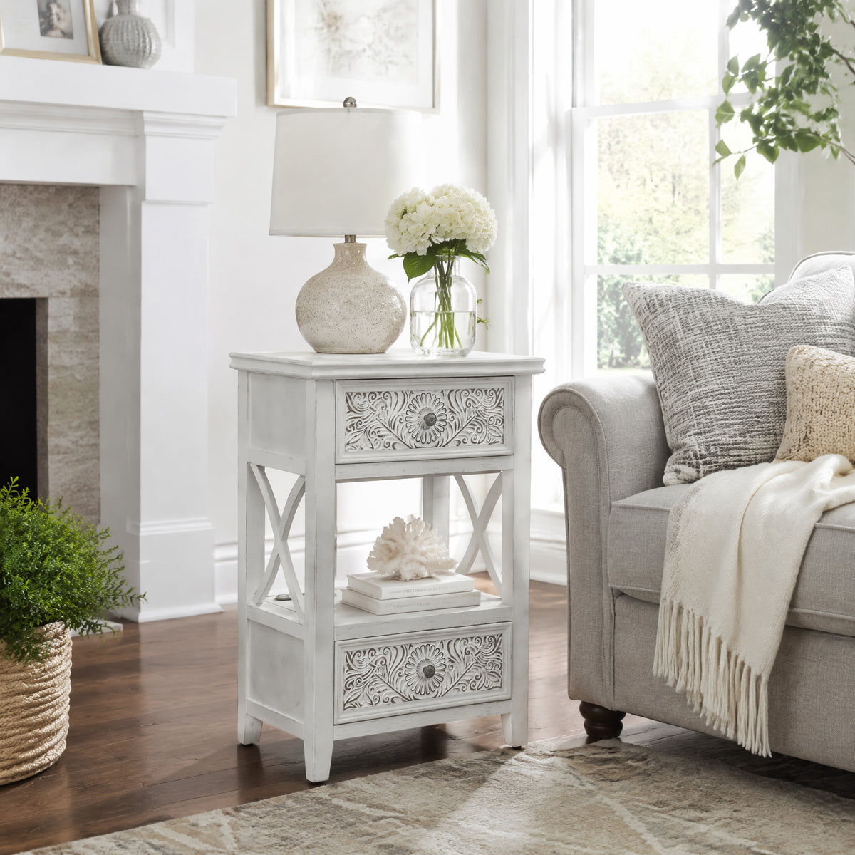 eHemco X-Side End Table with Charging Station and 2 Drawers, 20x14x29 Inches, White Wash