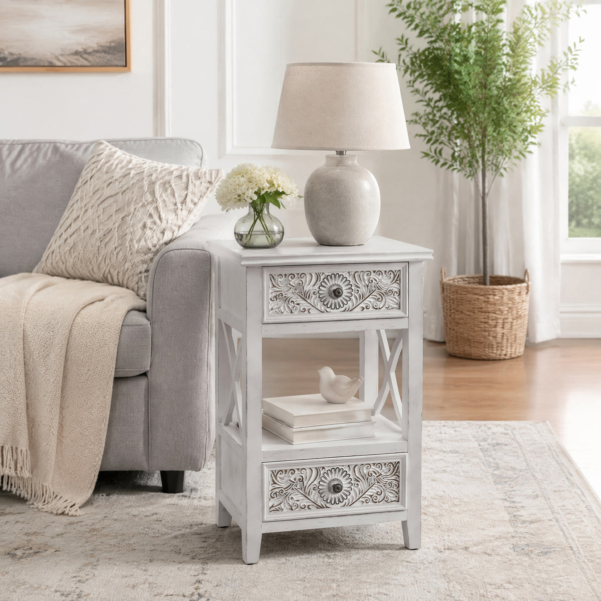 eHemco X-Side End Table with Charging Station and 2 Drawers, 20x14x29 Inches, White Wash