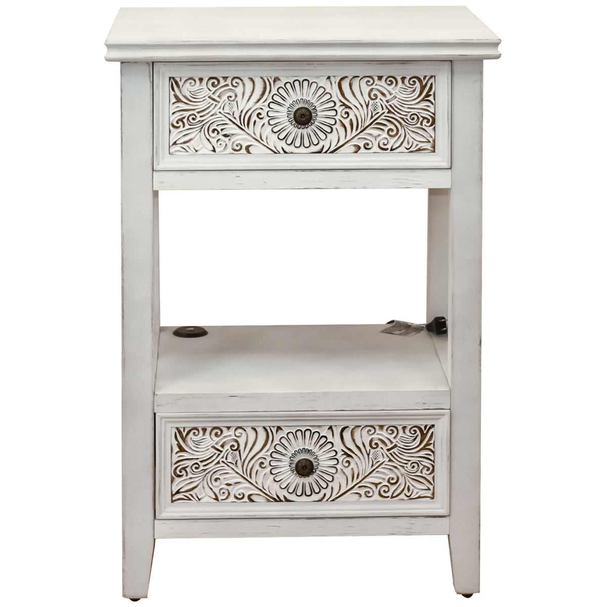 eHemco X-Side End Table with Charging Station and 2 Drawers, 20x14x29 Inches, White Wash